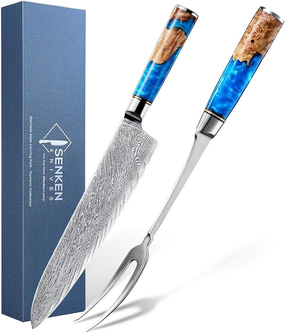 SENKEN Carving Knife & Fork Set - Tsunami Collection - Damascus 9.5 Brisket Slicing Knife, Japanese VG10 67-Layer Damascus Steel, Blue Resin Burl Wood Handle