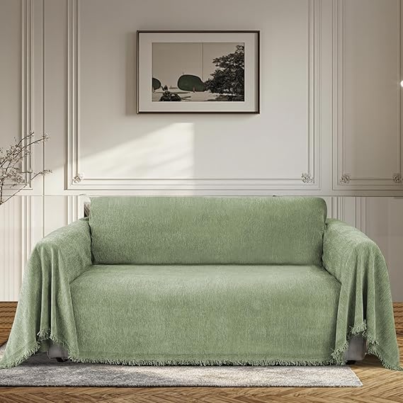 BellaHills Sofa Cover 3 Seater Chenille Sofa Covers 2 Seater Armchair Covers L Shape Sofa Slipcover Non-Slip Couch Covers with Tassel Sofa Protector from Dogs, 180x260cm, Green