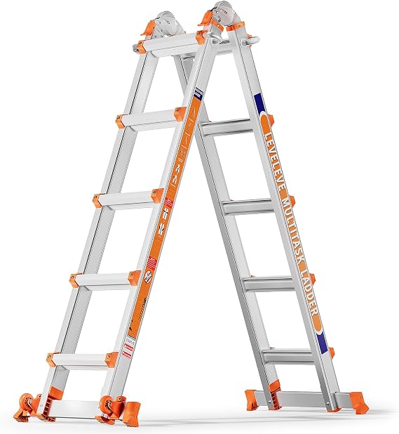 Multiple Positions 5 Step Ladder, 5.1m Sliding Ladder with Stabiliser and Wheels, 150 kg Safety Load, One Frame Ladder for Stairs, Home, Indoor, Outdoor, Roof