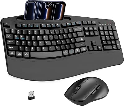 Wireless Keyboard and Mouse Combo, 2.4G Full Size Wave Keys Ergonomic Keyboard with Wrist Rest, Phone Holder, 3-Level DPI Wireless Silent Mouse with 6-Buttons, for Windows, Mac OS, Laptop, PC Black