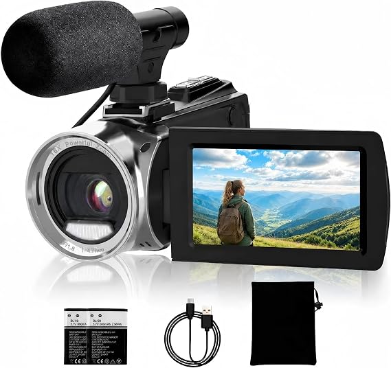 4K 48MP Video Camera for YouTube, Compact Camcorder with Microphone | Anti-Shake Night Vision Function, WiFi Webcam, 2 Batteries, 18X Zoom Vlogging Camera for Beginners Kids Teens Adults
