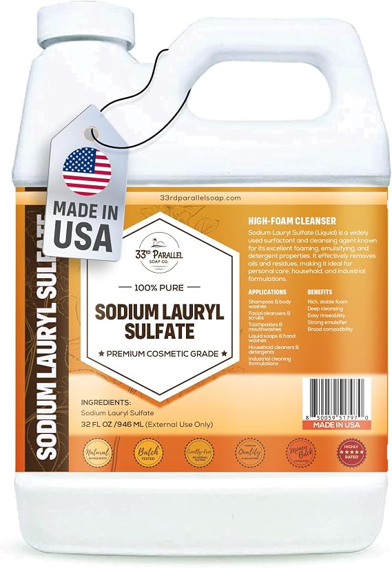 Sodium Lauryl Sulfate (SLS) Liquid (32oz) | Powerful Foaming Cleanser & Emulsifier for Shampoos, Body Wash, Soaps, Detergents & Household Cleaning Products | 32 OUNCES