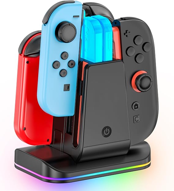 Switch 2 & 1 Controller Charger, 2-in-1 Charging Dock for Nintendo Switch 2025 / OLED/Original Joycons, Fast Charger Station with 9 RGB Modes, for Joy-Con 2/1 Accessories