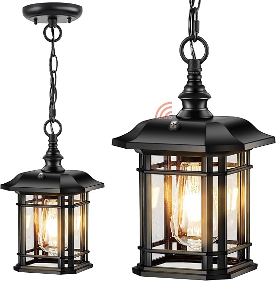 Gleamz Dusk to Dawn Outdoor Pendant Lights for Porch, Black Hanging Exterior Light, Outside Chandelier with Adjustable Chain, Outdoor Hanging Lights for House, Doorway, Easy Installation, 1 Pack
