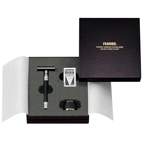Feather Stainless Steel Double-Edge Razor with Wood Handle and Stand WS-D2S - Men's Razor and 5 Replacement Blades for Shaving Kit - Weighted Balance for Barbers & Wet Beard Grooming - Made in Japan
