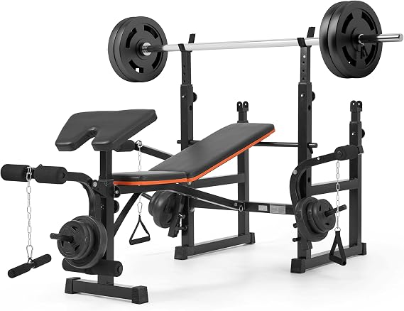 Weight Bench with Squat Rack, Adjustable Workout Bench with Preacher Curl Pad, Leg Extension & Curl, Safety Bar Catches, 600 lbs Capacity All-in-One Strength Training Bench for Home Gym