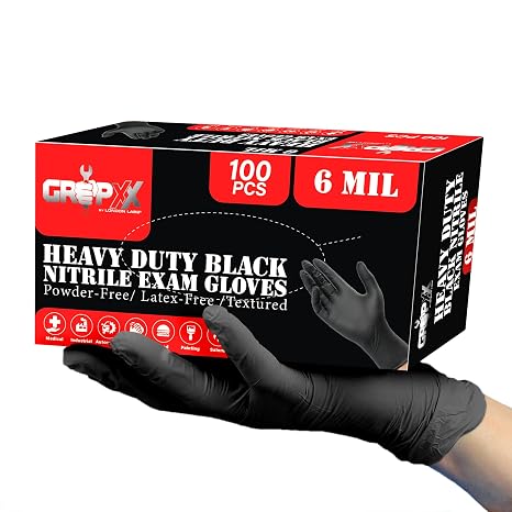 London Labs Heavy Duty 6 Mil Black Nitrile Gloves - Disposable, Latex & Powder Free | Mechanic, Food Prep & Tattoo | Rubber Gloves for Cooking, Cleaning & Household | Pack of (100)