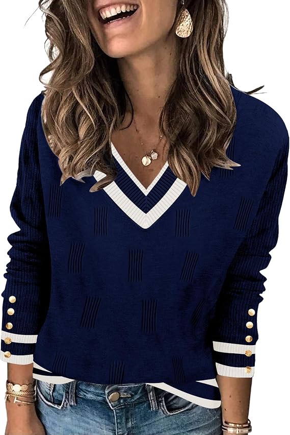 AKEWEI Womens V Neck Sweaters Long Sleeve Lightweight Knit Pullover Tops with Decorative Buttons