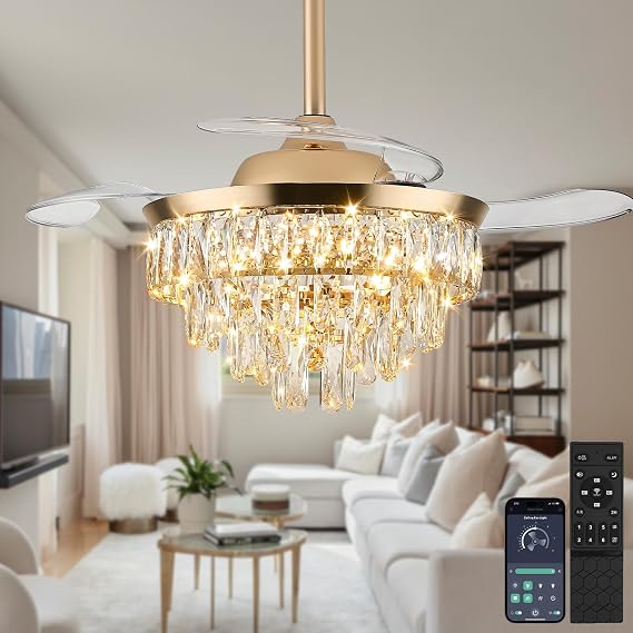 LEONTYNE 36 inch Crystal Ceiling Fan with Light & Remote - Retractable Blades, Dimmable LED, 3 Colour Temperatures - Smart Fandelier Light for Bedroom Living Room Dining Room (Gold) [Energy Class E]
