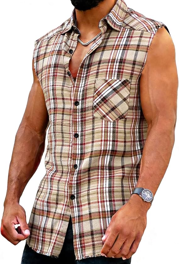 Men's Sleeveless Flannel Shirt Casual Plaid Button up Shirts Vest