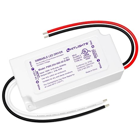 HitLights 60W Dimmable LED Driver, 120V AC to 24V DC Transformer, UL Listed | Class 2, Triac/ELV/MLV Dimming, Low Voltage Power Supply for LED Strip Lights Signs, Compatible with Lutron Leviton Dimmer