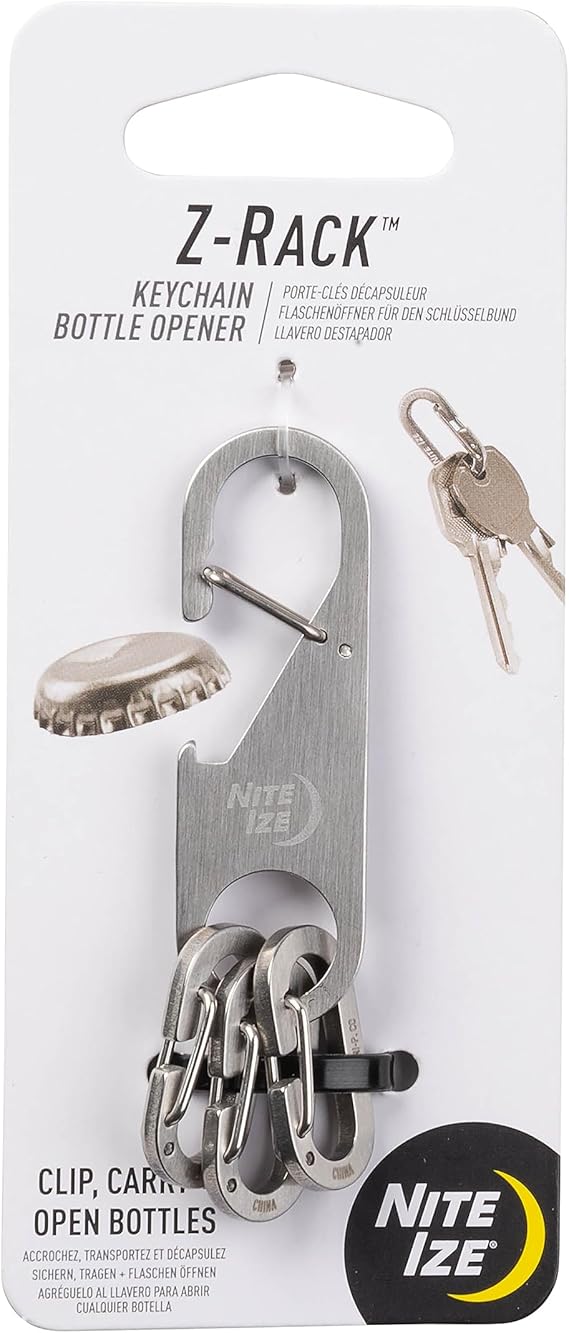 Nite Ize Z-Rack Keychain Bottle Opener - Small Stainless-Steel Keychain - Carabiner with Bottle Opener with Three MicroLink Mini Carabiners