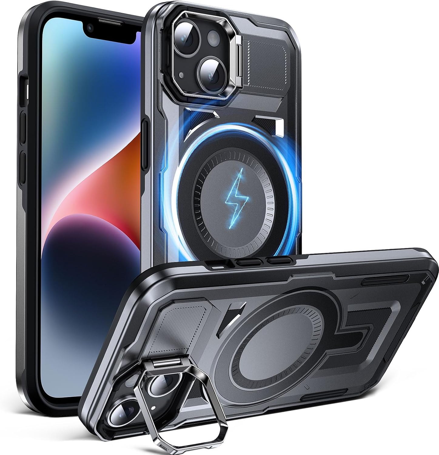 DASFOND Case for iPhone 14/13 [Compatible with MagSafe] Shockproof Military Tested Mobile Phone Case with Stand Wireless Charging Double Layer Protection Non-Slip Bumper Black