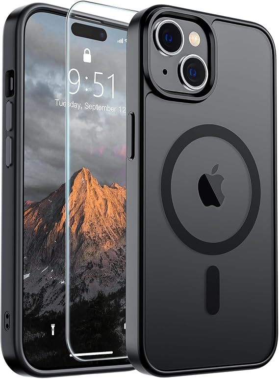 SUPFINE iPhone 15 için Manyetik Kılıf (MagSafe ile Uyumlu) (Askeri Sınıf Düşme Koruması) İnce Yarı Saydam Mat Darbeye Dayanıklı Parmak İzi Önleyici Telefon Kılıfı, Siyah