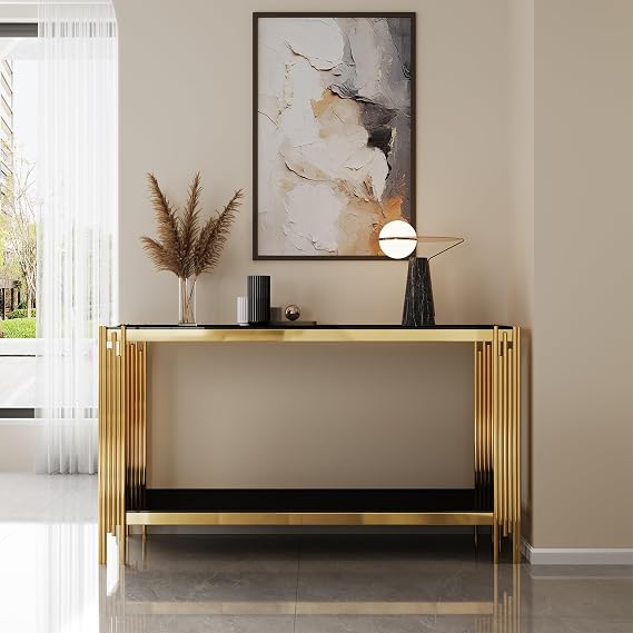 Glass Console Table, 55" Rectangular Sofa Table with Double Layer Black Tempered Glass and Gold Mirror Finished Stainless Steel Frame, Modern Narrow Entryway Table Entrance Table Hallway Table