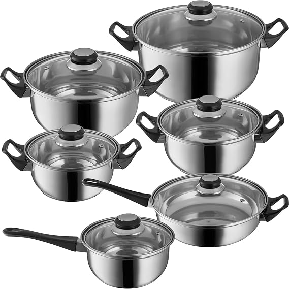Kabalo 12 Piece Stainless Steel Cookware Saucepan Set Pan Pot Kitchen Cooking Glass Lid