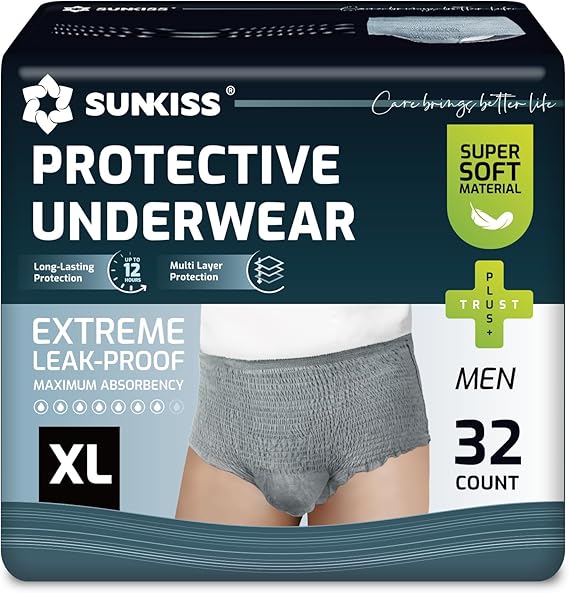 SUNKISS Incontinence Pants for Men, Comfortable, Grey, XLarge, 32 Count