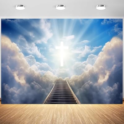 10x8ft Christian Cross Backdrop Holy Lights Heaven Sky Clouds Crucifix Photography Background Lord Pray Jesus Christ Church Events Decoration Supplies Photo Booth Props