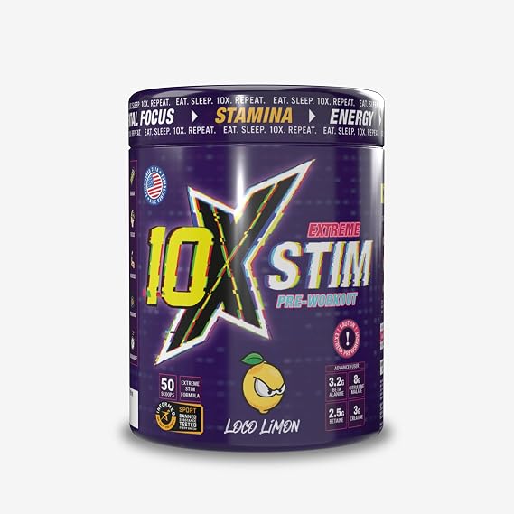 10X Athletic Stim Pre Workout Beta Alanine High Caffeine Creatine Sugar Free Vegan Low Calorie Various Flavours 600g 25/50 Servings (Loco Lemon)
