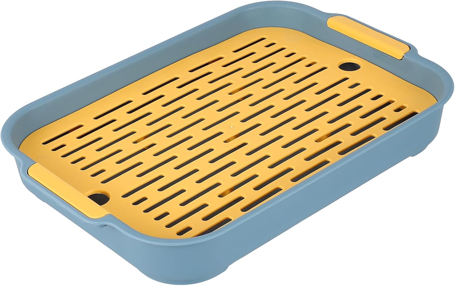 Double-Layer Plastic Dish Drainer Rack with Cutlery Filter Tray, Small Rectangular Drain Board in Deep Sea Blue for Kitchen Sink Bowl Drying and Fruit Storage