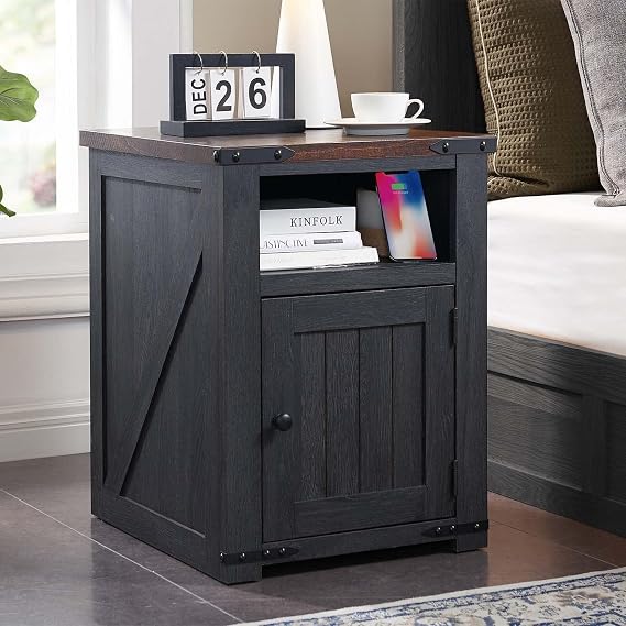 IFGET Farmhouse Nightstand with Charging Station, 24" Tall End Table, Grey