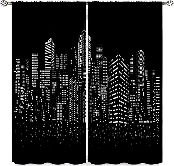 New York Curtains Black White Modern Night City Window Drapes for Bedroom Living Room Cafe 2 Panels W42 x L45 Inch