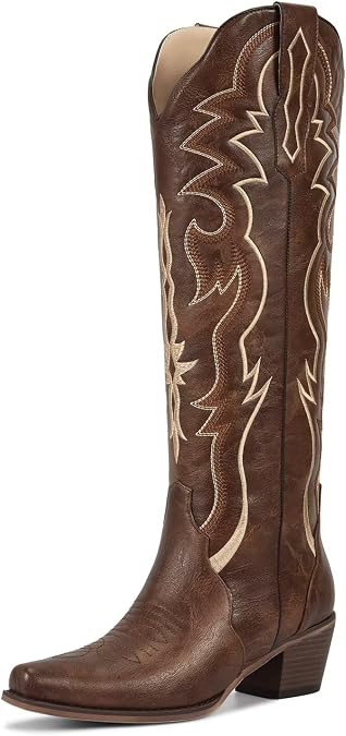 wetkiss Cowboy Boots for Women Knee High, Low Heeled Stable and Comfortable