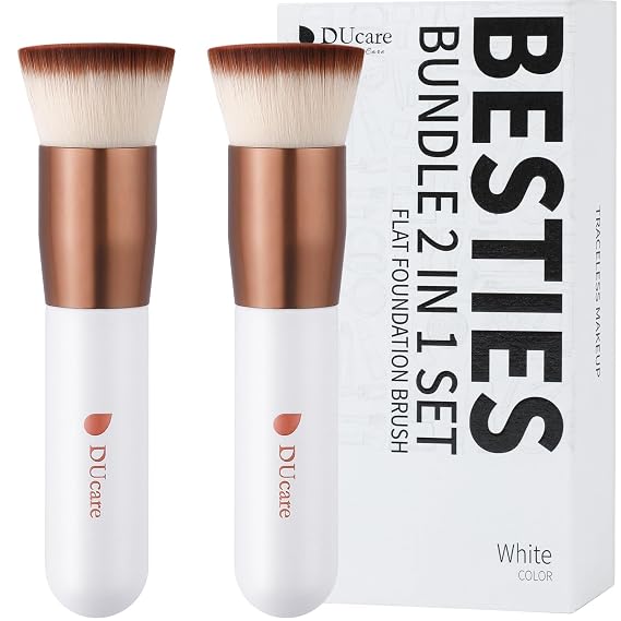 DUcare Foundation Brush 2pcs Flat Top Kabuki Brush Self Tanner Professional Face Brush Liquid Blending Mineral Powder Buffing Stippling Makeup Tools