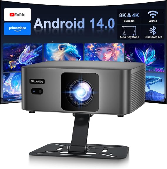 Smart Mini Projector with Wifi and Bluetooth - Portbale Movie Projectors for Outdoor/Bedroom, Autofocus & Auto Keystone | Android 14 | Built-in Apps | 1080P FHD | Proyector 4K & 8K Support