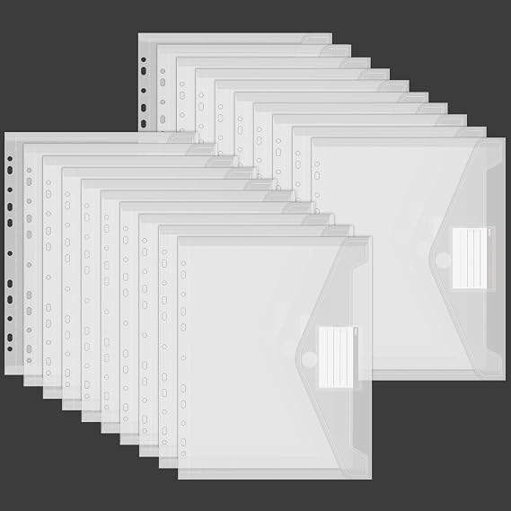 20 Waterproof Document Pockets 11 Hole Edge Collector Folders with Label Pocket - Folders for Documents Organising Office Supplies Homework