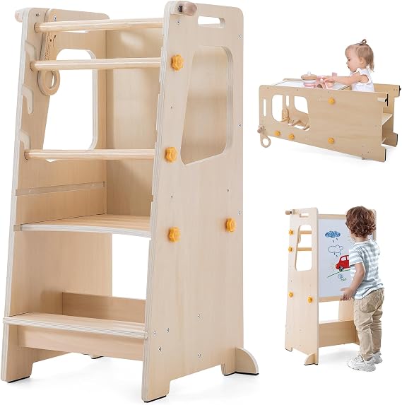 4 in 1 Toddler Kitchen Tower, Kids Kitchen Stool Helper, Standing Tower with Convertible Table and Chair, Toddler Step Stool with Adjustable-Height,Whiteboard and Safety Rail for Counter Sink (Wood)