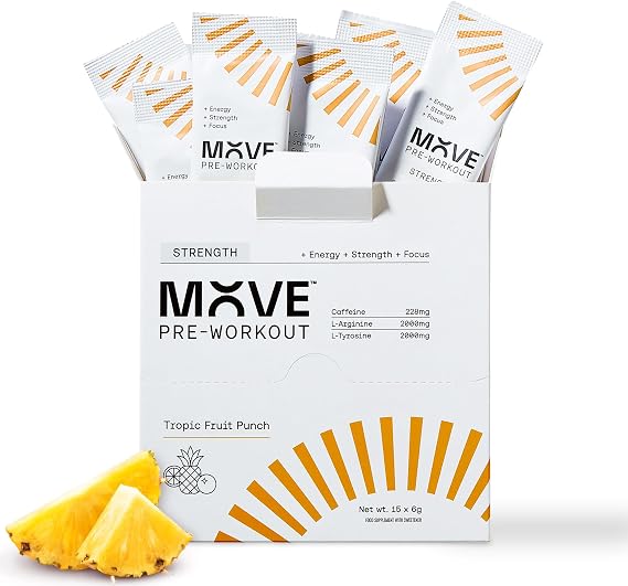 MOVE Pre Workout Sachets Powder Strength Formula for Men & Women -Energy Drink Powder Without Beta Alanine -15 Servings Preworkout with L-Arginine Informed Sport Certified Tropical Fruit Punch