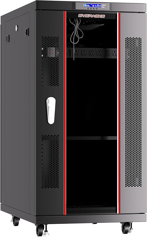 Sysracks 22U Server Rack Cabinet, 39" Deep, Glass Door, 19-Inch | 4-fan thermostat cooling, 8-outlet PDU, shelf, casters, cable entry brushes
