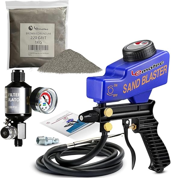 LE LEMATEC Sandblasting Kit: Portable Sandblaster, Air Compressor Regulator & Water Separator, Corundum Blasting Media - Rust & Paint Removal Essentials
