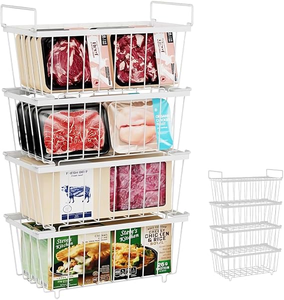 Chest Freezer Baskets 4 Pack, Stackable Freezer Storage Baskets for 198L Chest Freezer, Freezer Organiser with Handles Easily Sort and Get Frozen Foods, Allow Air Circulation, White