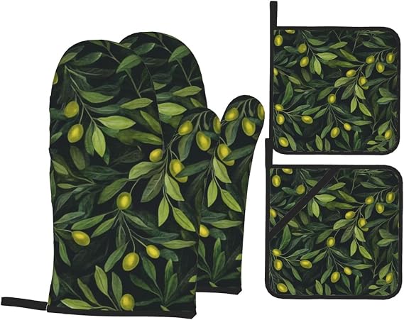 4 Pcs Green Branch Olive Oven Mitts and Potholders,Kitchen Oven Glove with Pot Holders,Non-Slip Gloves High Heat Resistant 500 Degree for BBQ, Grill, Baking, Cooking, Oven, Microwave