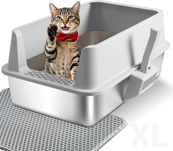Cat Litter Box, TOKXTIK Stainless Steel Litter Box,XL Metal Tall Litterbox,Large Litterbox with High Side Wall，Non-Stick，Easy Cleaning，Anti-Leakage，Odorless，Includes Litter Mat、Scoop (1 Pack)
