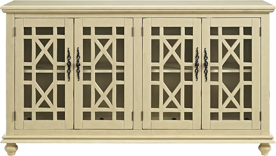 Martin Svensson Home Orsey 63" Solid Wood TV Stand - Antique Cream White Finish - Rustic Style and Parisian Design Inspired - with Two Spacious Cabinets with Adjustable Shelves for Storage.