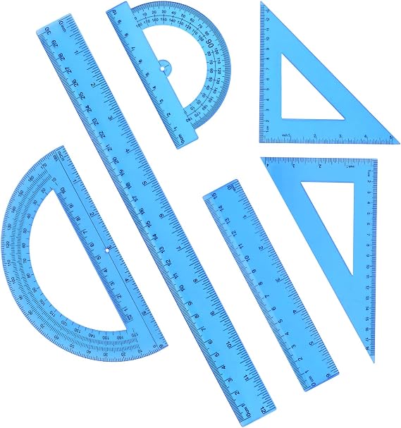 Plastic Clear Ruler Math Set, 6" | 12" Straight Ruler Protractor, 2 Protractors 180 Degree 2 Triangle Rulers 45 | 60 Degree 2 Straight Rulers Measuring Tool for School Office Home Supplie,Blue
