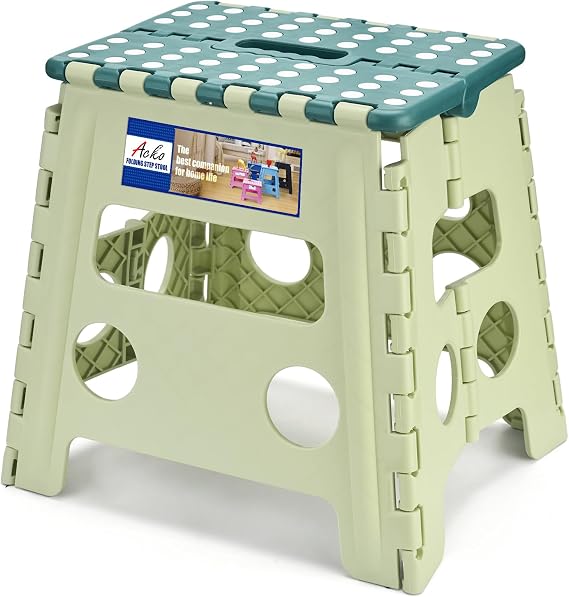 ACKO 13 Inch Folding Step Stool, Holds 300 lbs for Adults and Kids, Green | Collapsible Foldable Stools, Non-Slip Surface Heavy Duty Foot Stepping stool for Kitchen Bathroom Outdoor, Built-in Handle