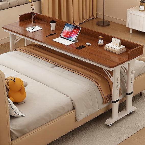 Height Adjustable Overbed Table, Mobile Over The Bed Table with Baffles, Over Bed Desk with Lockable Wheels, Crossbed Nursing Tables Computer Tables for Eating On Bed(Brown,200cm/78.7")