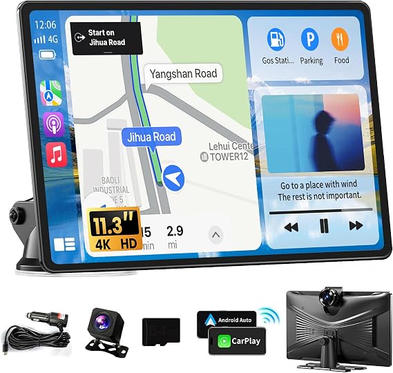 Largest 11.3" Portable Apple Carplay Screen, Wireless Car Play & Android Auto Touch Screen, Car Stereo with App View/4K Dash Cam/Backup Camera/Mirror Link/Voice Control/Music Play