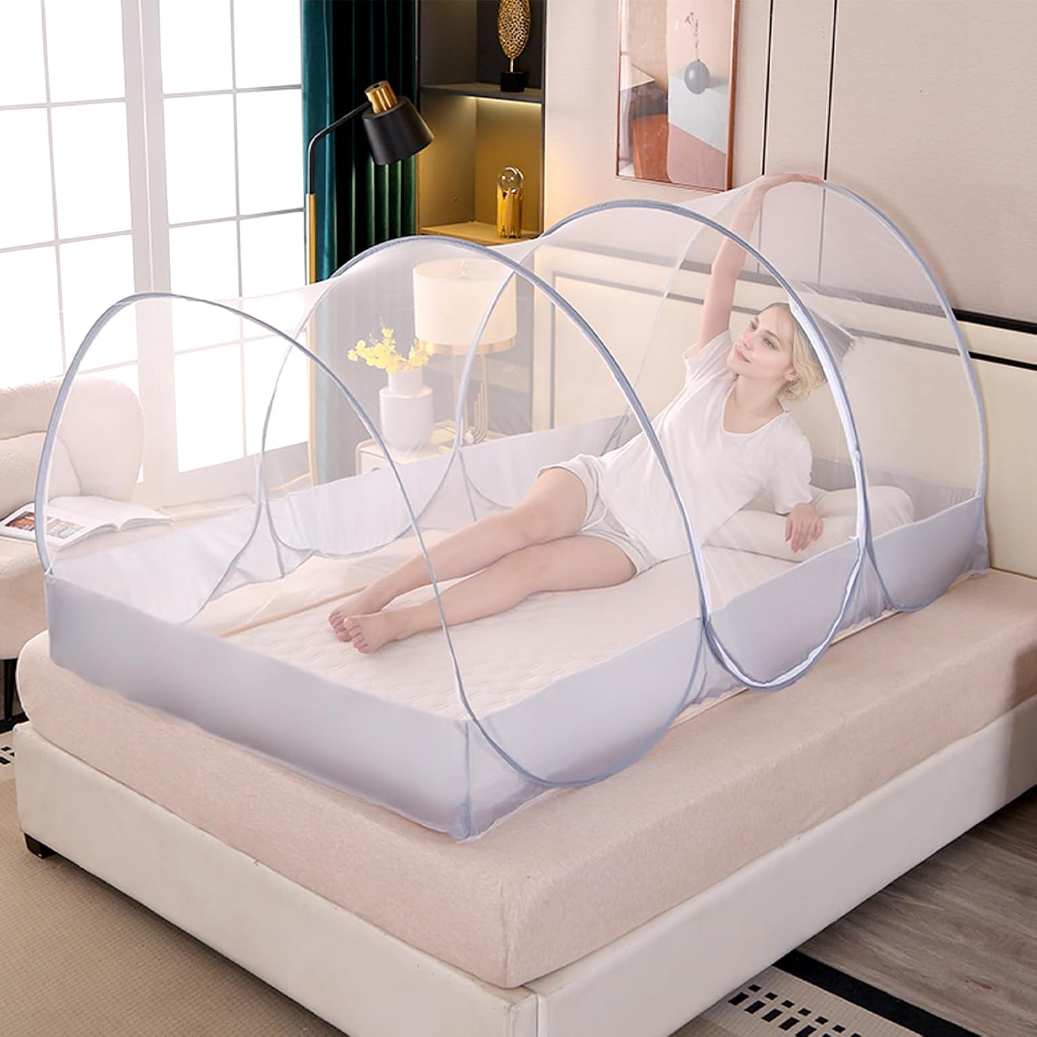 Foldable Mosquito Net, Ultra Light Pop-up Mosquito Net, Portable Camping Tent, Family mosquito net Bed, Adjustable Single Bed Fine Mesh with Zip for Outdoor Travel Home Dorm, Easy Setup, 1909090cm
