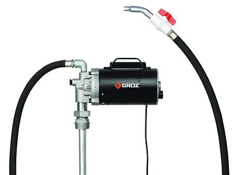 Groz Electric Oil Transfer Pump, 115V AC 1/2 HP Gear Pump, 4 GPM Regular Flow, Self-Priming with 8 ft Hose, Ball Valve, 2 in Bung Adaptor, 34 in Suction Tube for 55-Gallon Drums (45550)