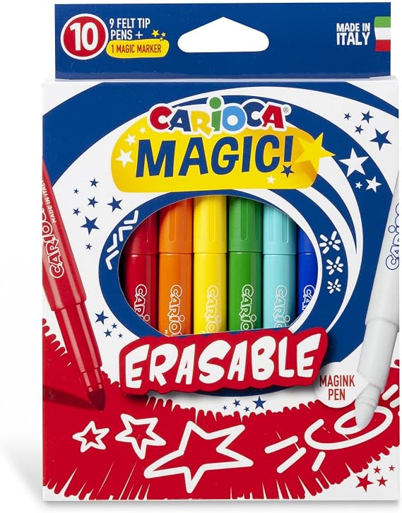 CARIOCA Erasable Magic Felt Tip Pens 10-Pack with 9 Color Markers + 1 Magink Eraser Pen, Maxi Tip 6 mm, Non-Toxic Felt Tip Markers, Art & School Supplies, Made in Italy