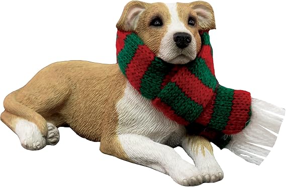 Sandicast Fawn Pit Bull Terrier with Red and Green Scarf Christmas Ornament