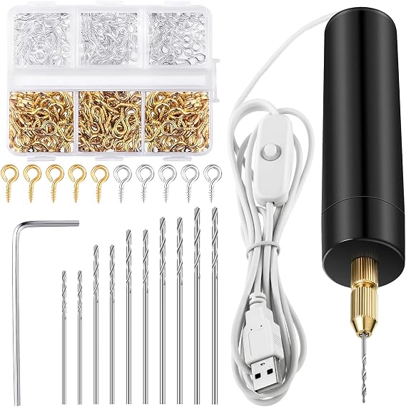 Lanties 312 Pcs Electric Resin Drill Set for Casting Resin Molds, 300 Gold Silver Eye Screws, 10 Twist Drills Bits (0.8 to 1.2mm), Electric Drill with Wrench Hex Pin Vise for DIY Keychain Craft Making