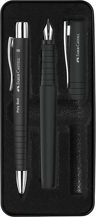 Faber-Castell Poly Pen Fountain and Ballpoint Pen Gift Set - Black: Fountain Pen Set with Broad Nib & Smooth Ballpoint Pen, Ergonomic Grip, Great for Journaling, Graduation Gifts & Father's Day