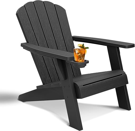 Outdoor Adirondack Chair,Black Wooden Textured Fire Pit Chairs,Plastic Patio Chair,Modern Heavy All-Weather Adirondack Lawn Chairs,Backyard Patio Lawn Poolside Fire Pit