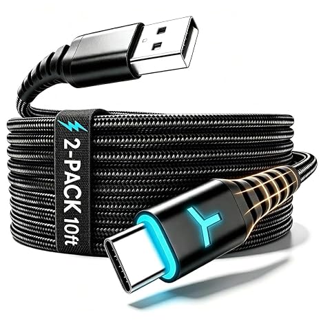 6amLifestyle 2 Pack 10FT PS5 Controller Charger Charging Cable with LED Indicator, Nylon Braided Fast Charging Data Sync USB Type C Cord for Xbox Series X/Series S Switch Controller